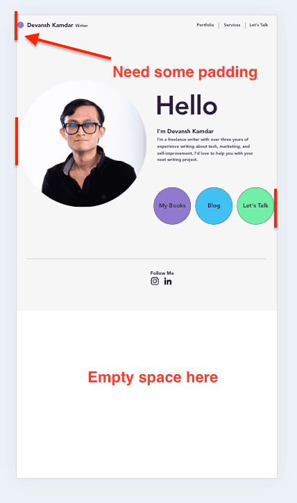 mobile view of Devansh Kamdar's site
